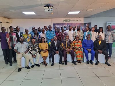 Patrick Robert Ankobiah (seated 4th from right), Chief Director, Ministry of Food and Agriculture, Dr Victor Attuquaye Clottey (seated 2nd from right) Regional Representative of CABI, West Africa, with others during the launch of PlantwisePlus 